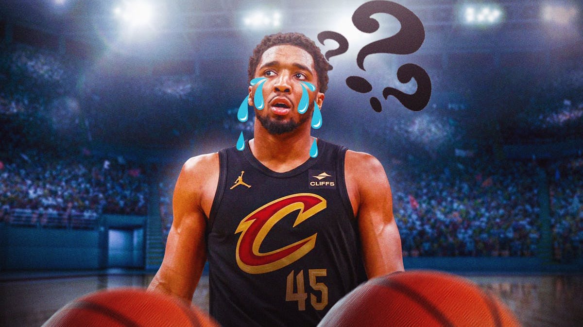 Cavs' Donovan Mitchell with animated tears and several question marks above him