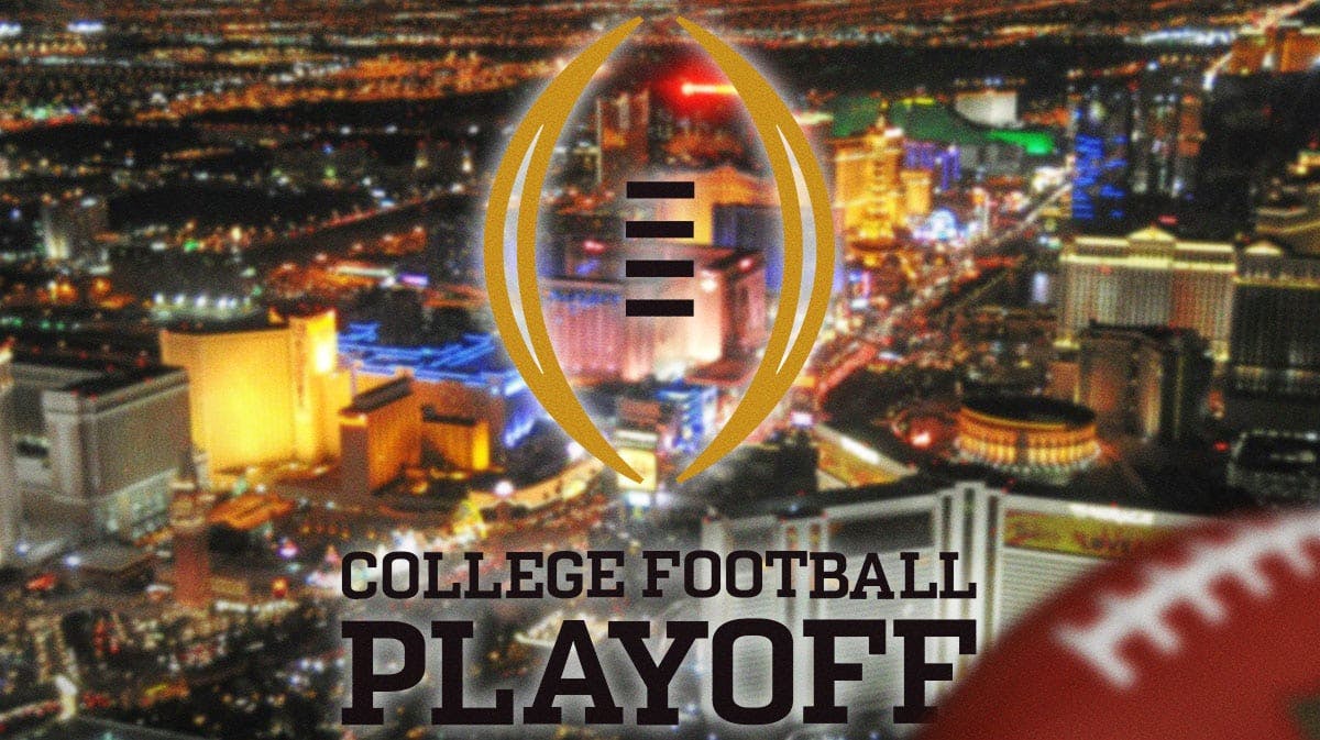 The College Football Playoff logo in front of the Las Vegas Strip