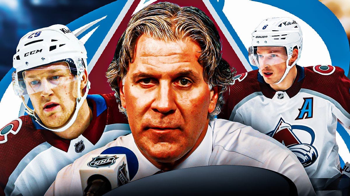 Jared Bednar in middle looking stern, Nathan MacKinnon and Cale Makar on either side looking stern, COL Avalanche logo, hockey rink in background