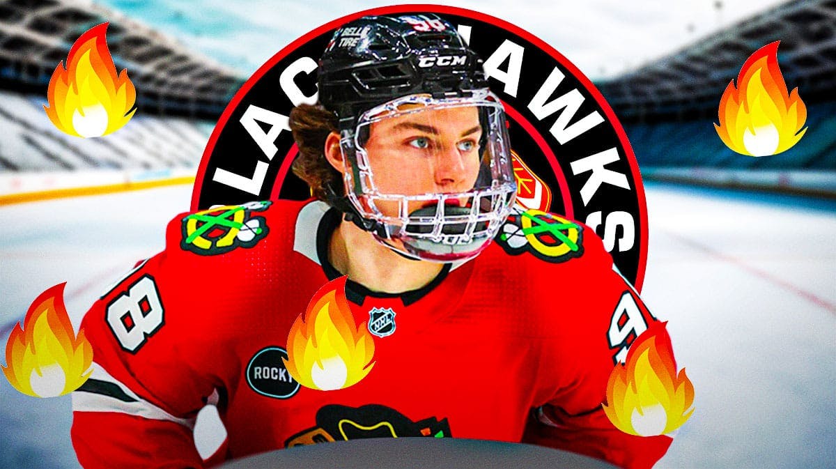 Connor Bedard in a Team Canada jersey looking happy with fire around him, Chicago Blackhawks logo, hockey rink in background