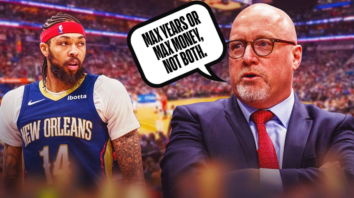Brandon Ingram looking at David Griffin who is saying, "Max years or max money, not both." New Orleans Pelicans