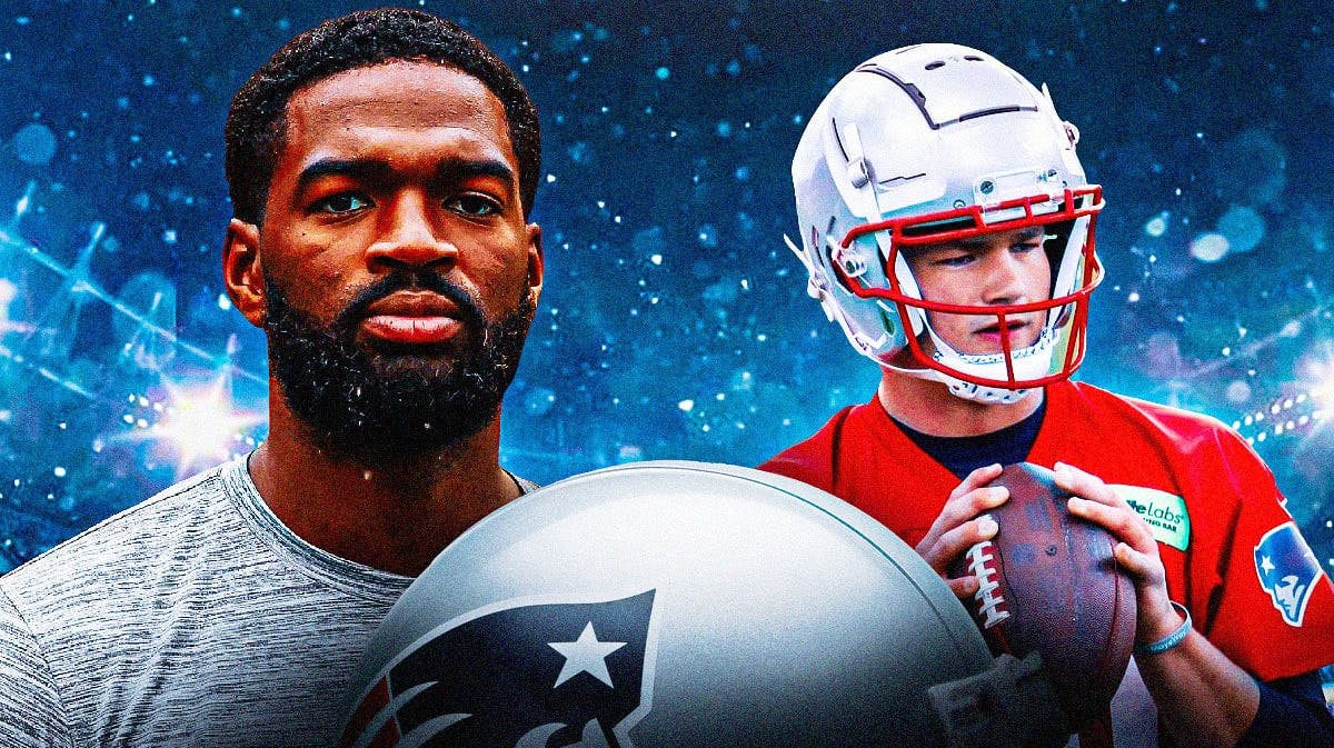 Jacoby Brissett (in a New England Patriots jersey if he isn't already) on one side with stars in his eyes, Drake Maye (in a New England Patriots jersey if he isn't already) on the other side