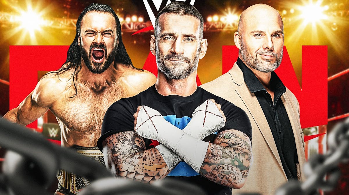 Drea McIntyre on the left with CM Punk and Adam Pearce on the right with the RAW logo as the background.