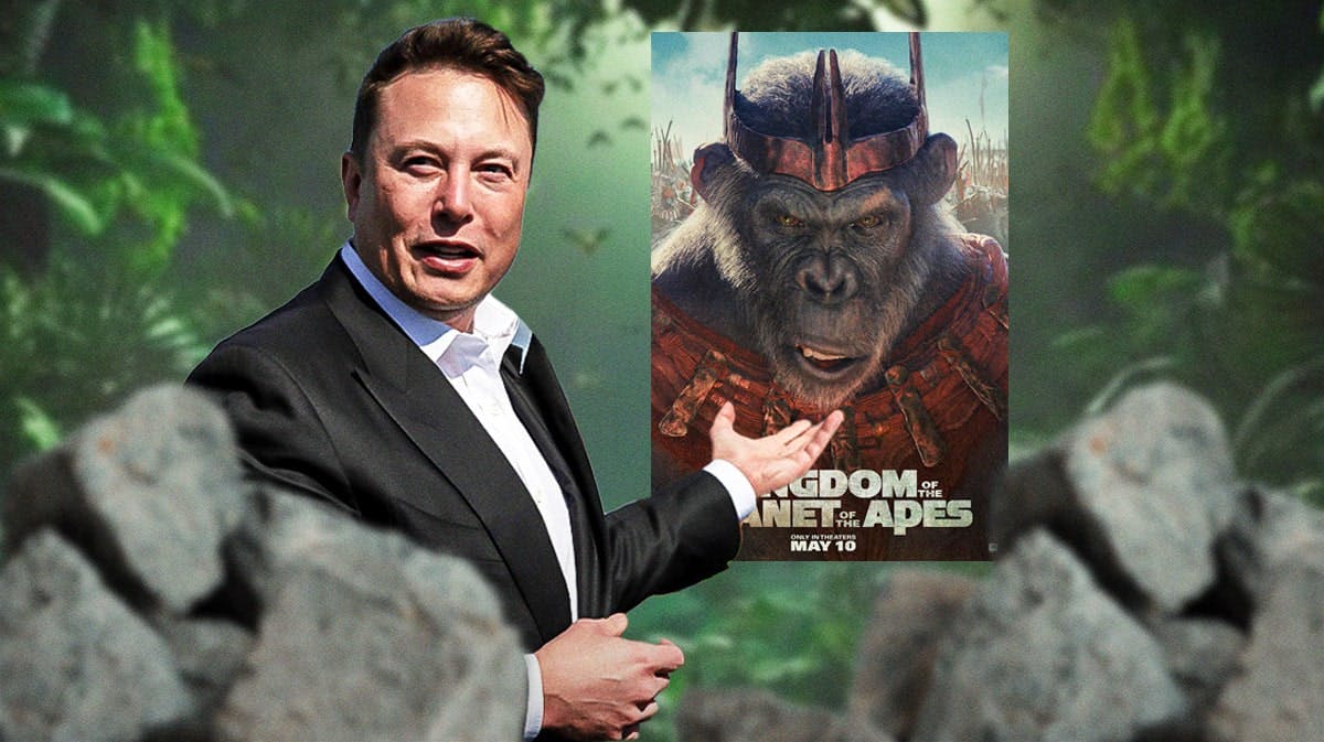 Elon Musk alongside the movie poster for Kingdom of the Planet of the Apes