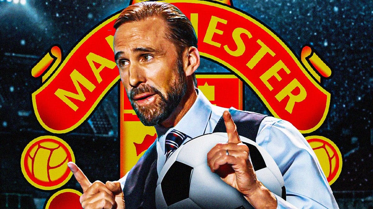 Gareth Southgate in front of the Manchester United logo
