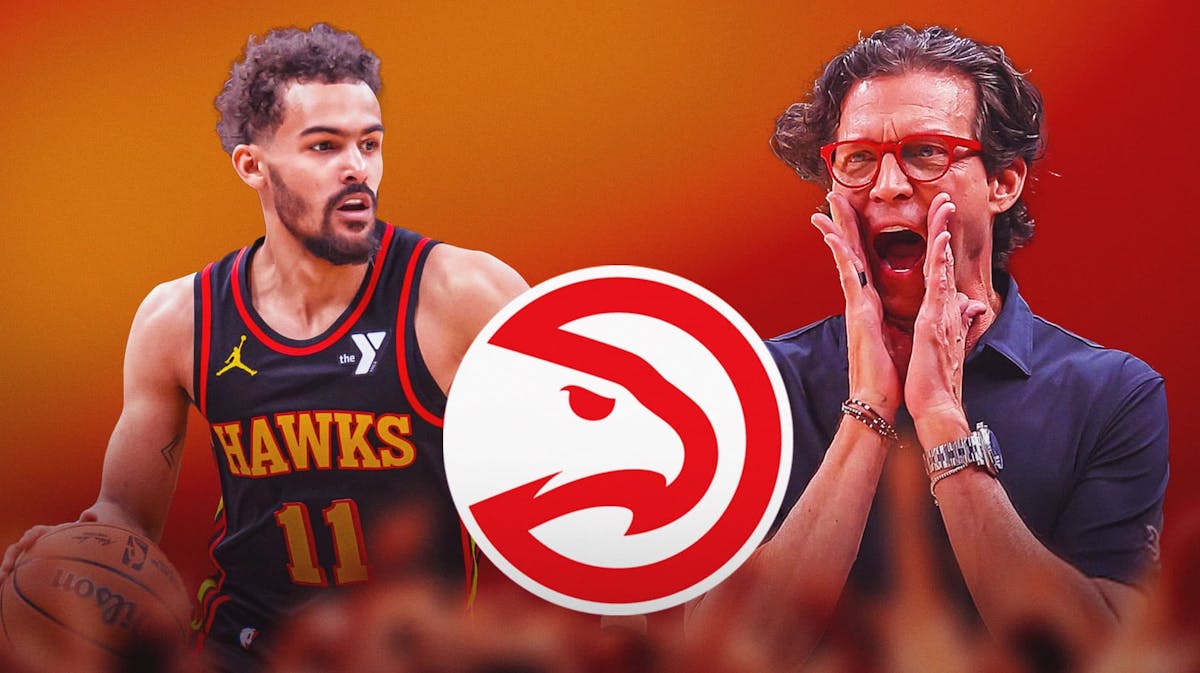 Hawks Trae Young and Quinn Snyder next to a Hawks logo