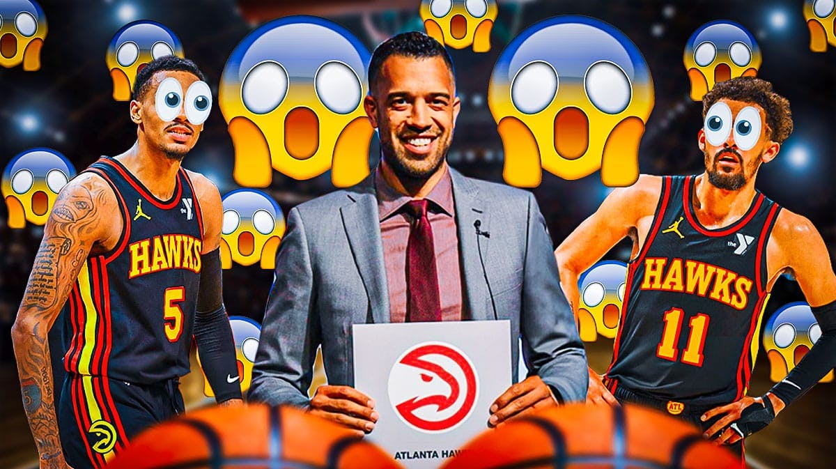 Landry Fields on one side, Trae Young and Dejounte Murray on the other side with the big eyes emoji over their faces, a bunch of shocked emojis in the background