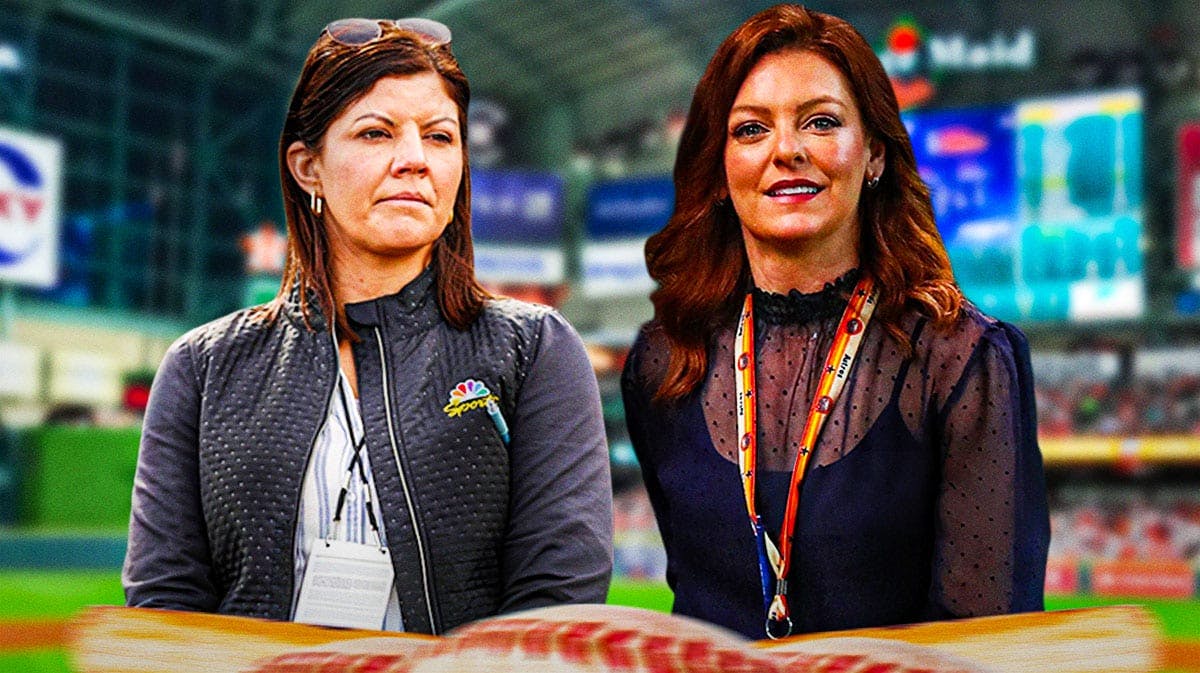 Oakland A's broadcaster Jenny Cavnar next to Houston Astros reporter Julia Morales