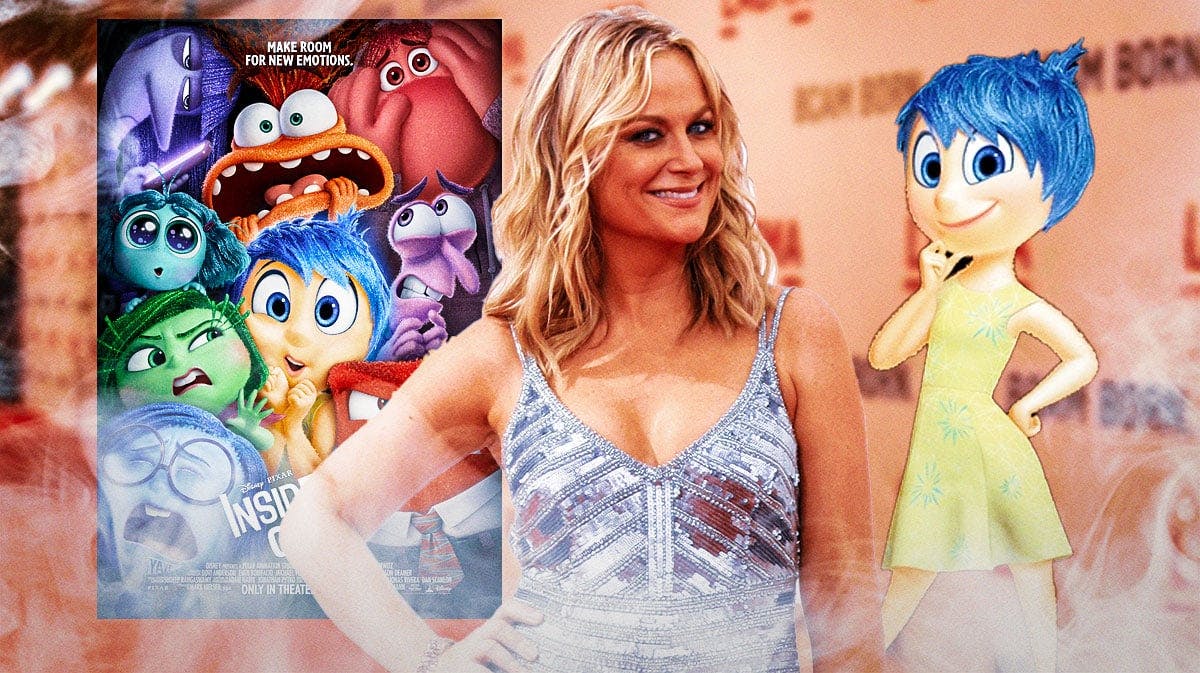 Amy Poehler with Inside Out 2 poster and Joy character with red carpet background.