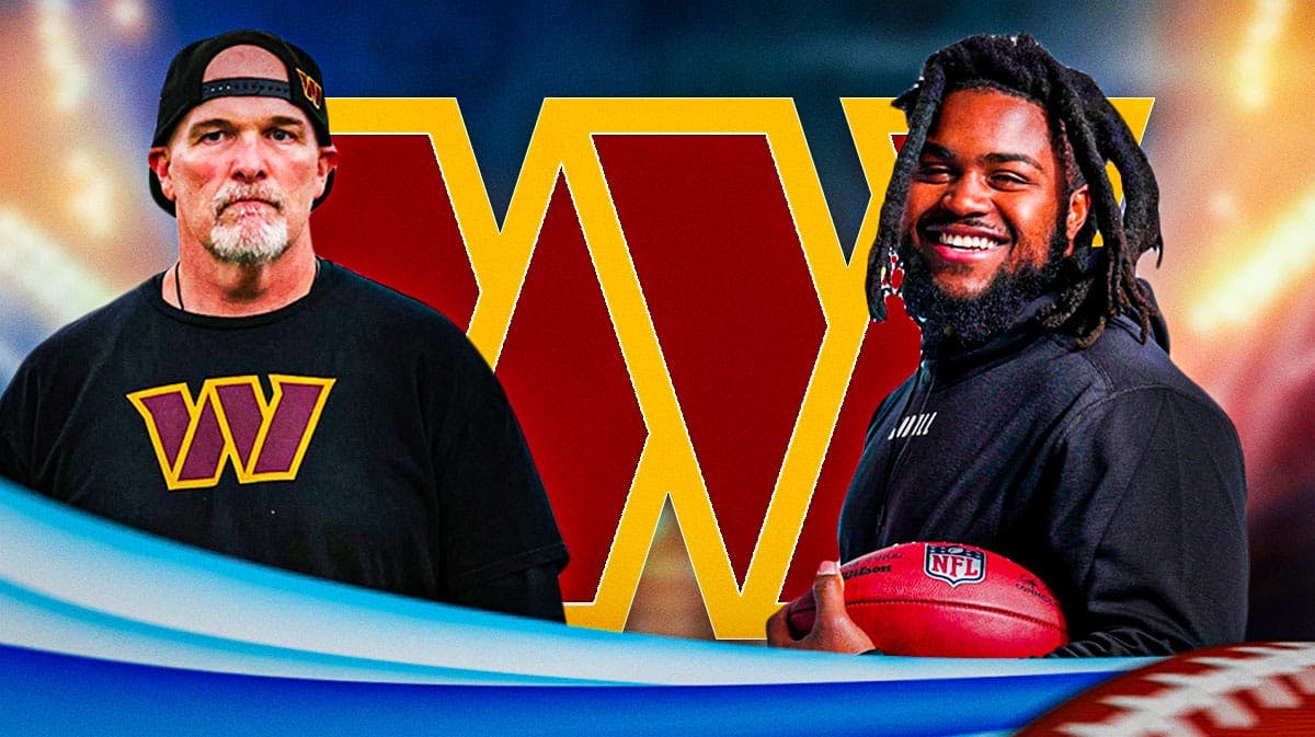 Washington Commanders head coach Dan Quinn with rookie defensive tackle Jer’Zhan “Johnny” Newton. They are next to a logo for the Washington Commanders.