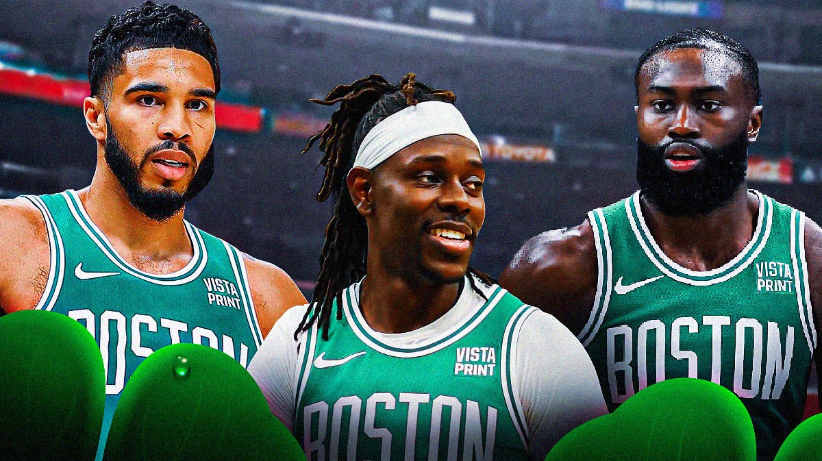 Boston Celtics stars Jrue Holiday, Jayson Tatum, and Jaylen Brown in front of Rocket Mortgage FieldHouse.