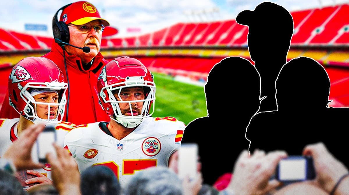 Kansas City Chiefs head coach Andy Reid with Patrick Mahomes and Travis Kelce, next to silhouettes of their Week 1 opponents