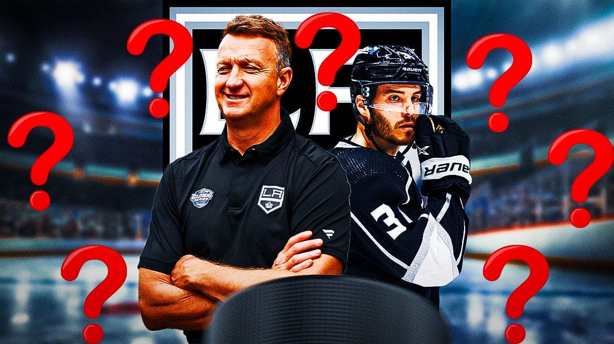 Matt Roy in middle of image looking stern, Rob Blake in image, 3-5 question marks, LA Kings logo, hockey rink in background