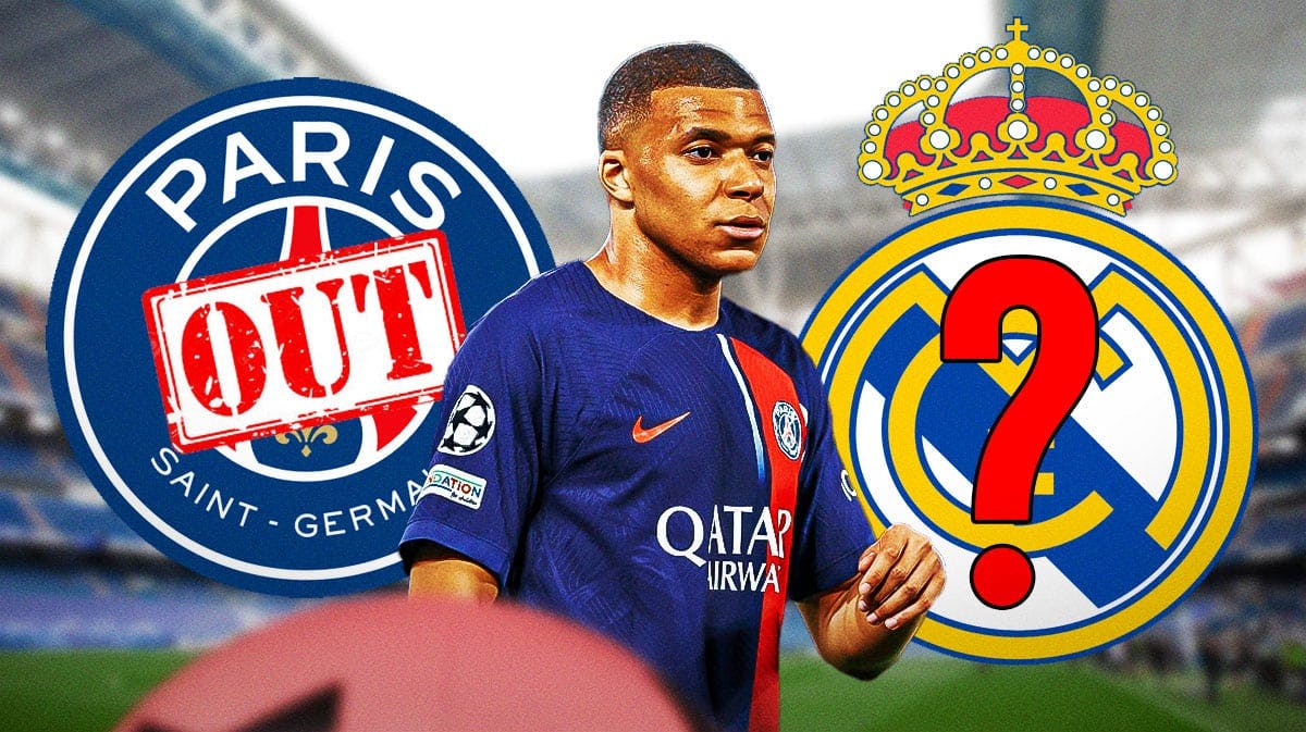 Kylian Mbappe (in PSG kit) between a PSG logo with OUT stamped over it and a Real Madrid Logo with a question mark over it