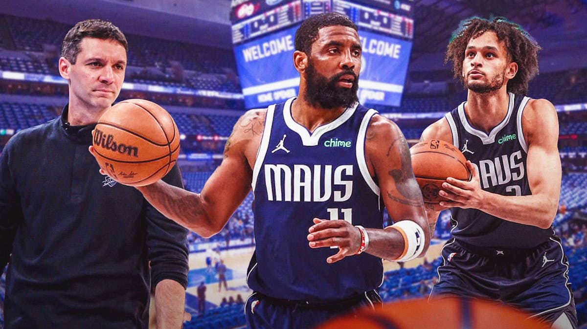 Kyrie Irving and Dereck Lively II in Mavericks uniforms next to Thunder's Mark Daigneault.