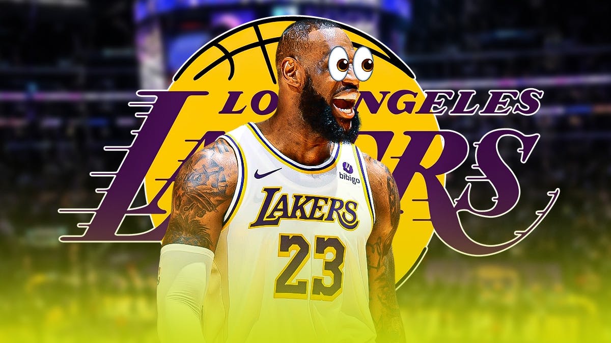 Lakers' LeBron James with eyes popping out. Lakers' logo in background.