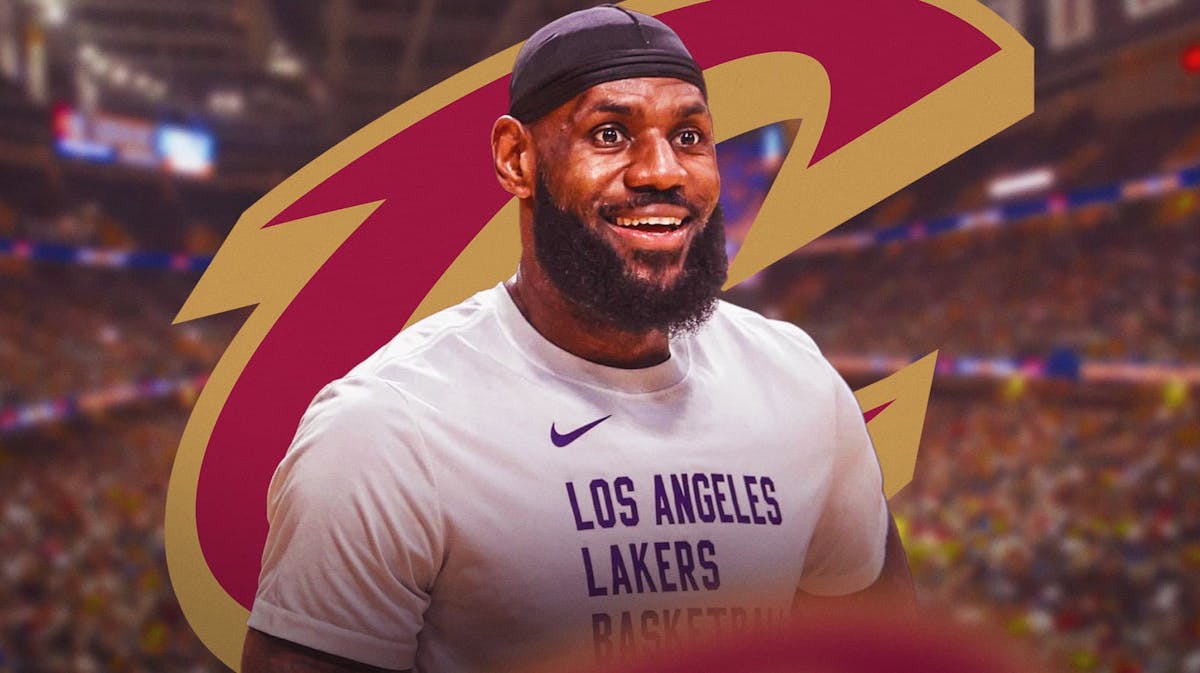 Lakers' LeBron James stands in front of Cavs logo with Celtics players in background