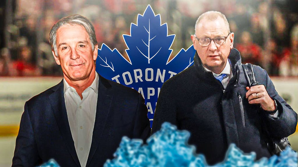 Brendan Shanahan and Brad Treliving on either side of image looking stern, Toronto Maple Leafs logo, hockey rink in background