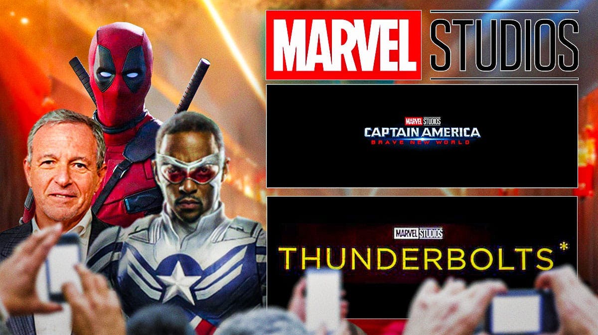 MCU Marvel Studios logo with Captain America: Brave New World and Thunderbolts logo with Disney's Bob Iger, Ryan Reynolds as Deadpool, and Anthony Mackie as Captain America.