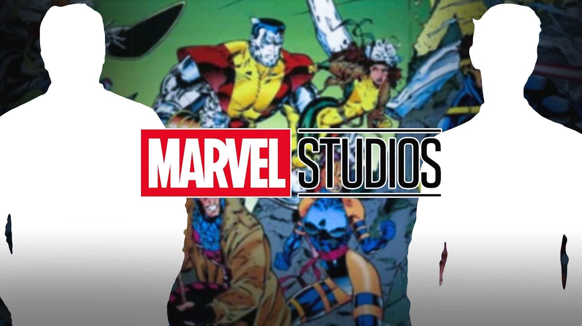 X-Men characters in background with MCU Marvel Studios logo and Rafe Judkins and Michael Lesslie as silhouettes.