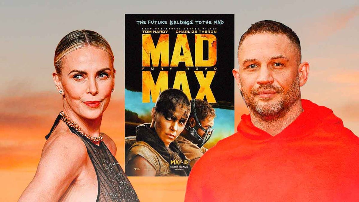 Charlize Theron and Tom Hardy with a Mad Max: Fury Road poster.