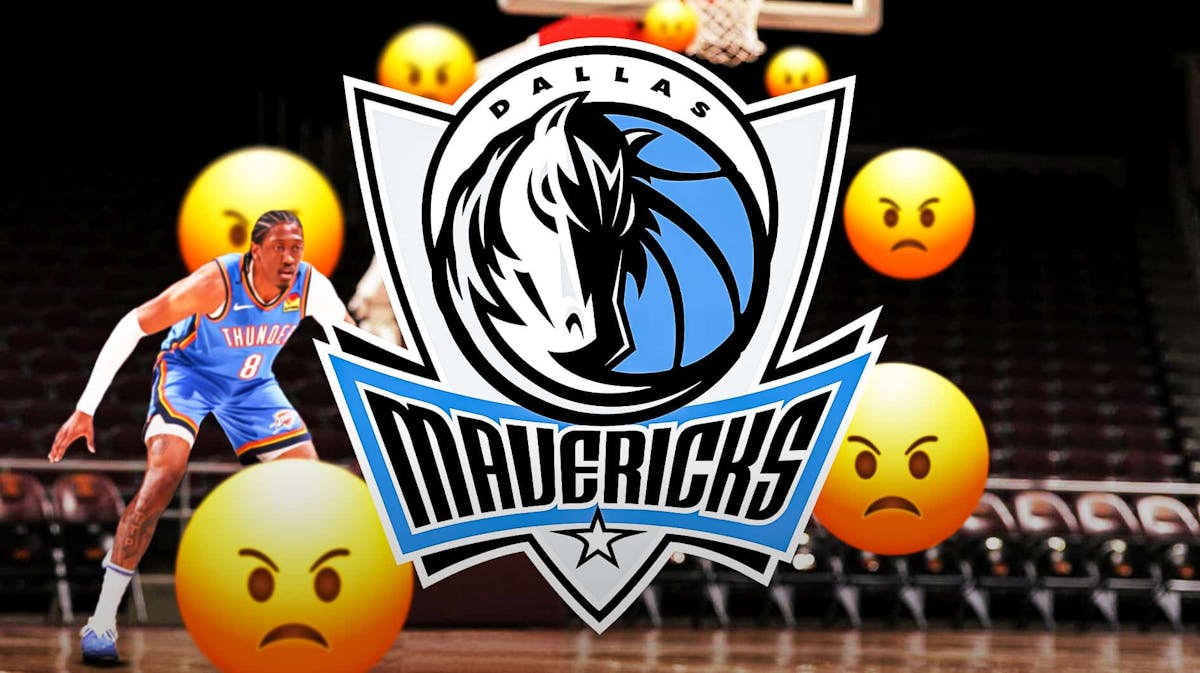 Dallas Mavericks logo, angry emojis, Jalen Williams in Oklahoma City Thunder jersey