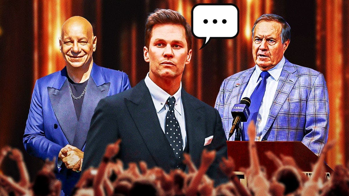 Former NFL QB Tom Brady with American comedian and actor Jeff Ross and former New England Patriots head coach Bill Belichick. Brady has a speech bubble with the three dots texting emoji inside.