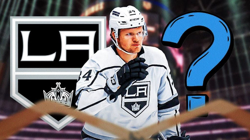 Los Angeles Kings forward Arthur Kaliyev is in the middle of the picture. On the left side is a logo for the Los Angeles Kings and on the right is a giant question mark.