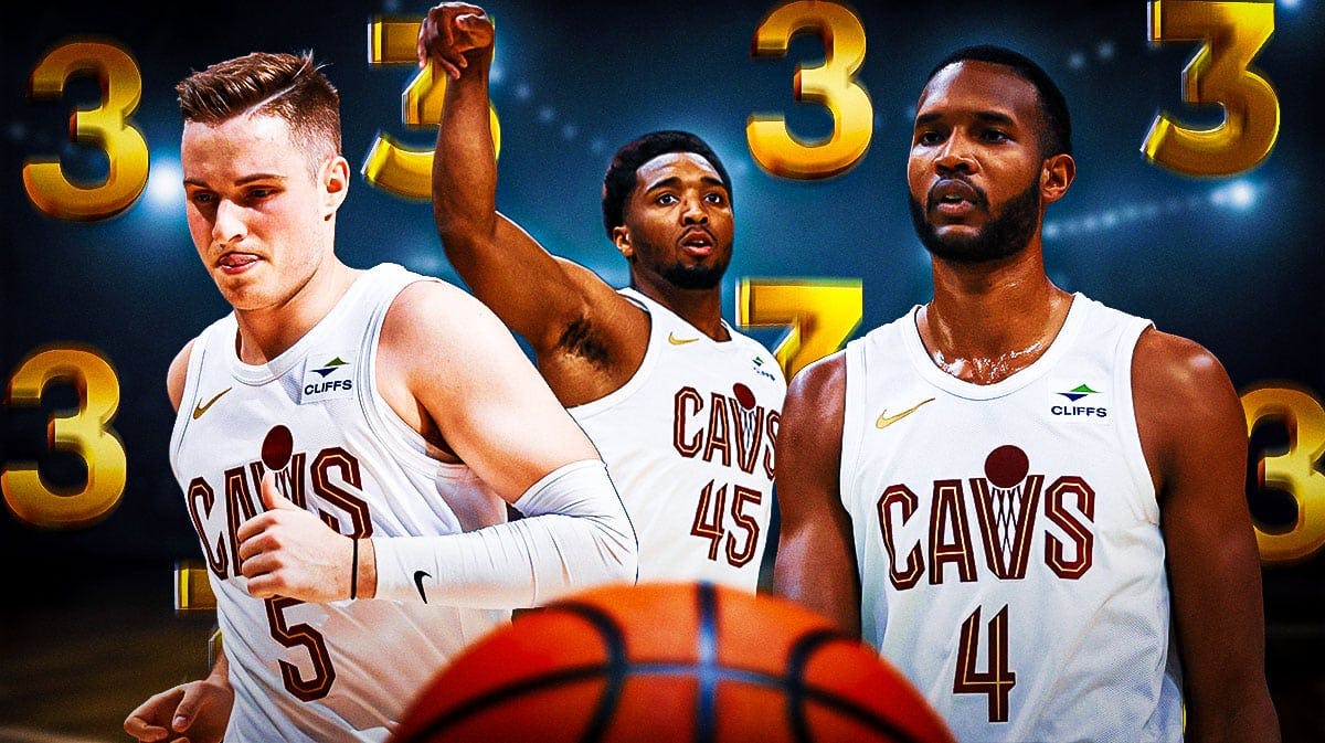 Cavs' Evan Mobley, Donovan Mitchell, Sam Merrill in the center with 3's raining all around them vs the Celtics
