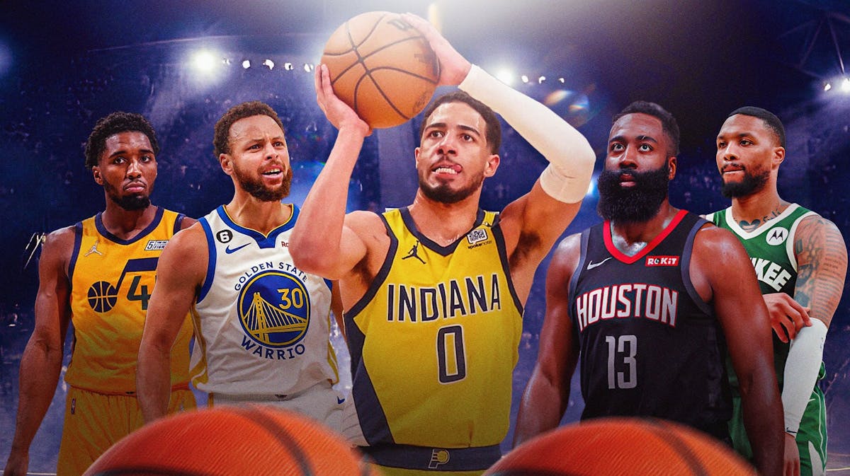Pacers' Tyrese Haliburton shooting the ball beside Warriors' Stephen Curry (2022), Rockets' James Harden (2019 version), Bucks' Damian Lillard (2024 version), and Jazz's Donovan Mitchell (2021 version)