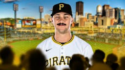 Pirates pitcher Paul Skenes with PNC Park in the bakground.