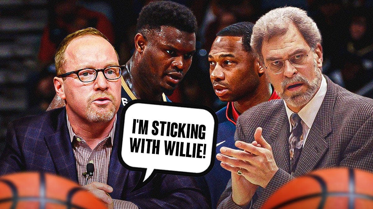 Pelicans' David Griffin looking at Hall of Famer Phil Jackson saying "I'm sticking with Willie!" Willie Green in the background talking to Zion Williamson.