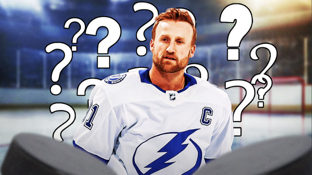Steven Stamkos in front of an empty rink surrounded by question marks