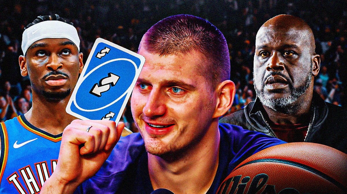 Nuggets' Nikola Jokic holding a blue uno reverse card while smiling, with Thunder's Shai Gilgeous-Alexander and Shaquille O'Neal (current version) all looking angry