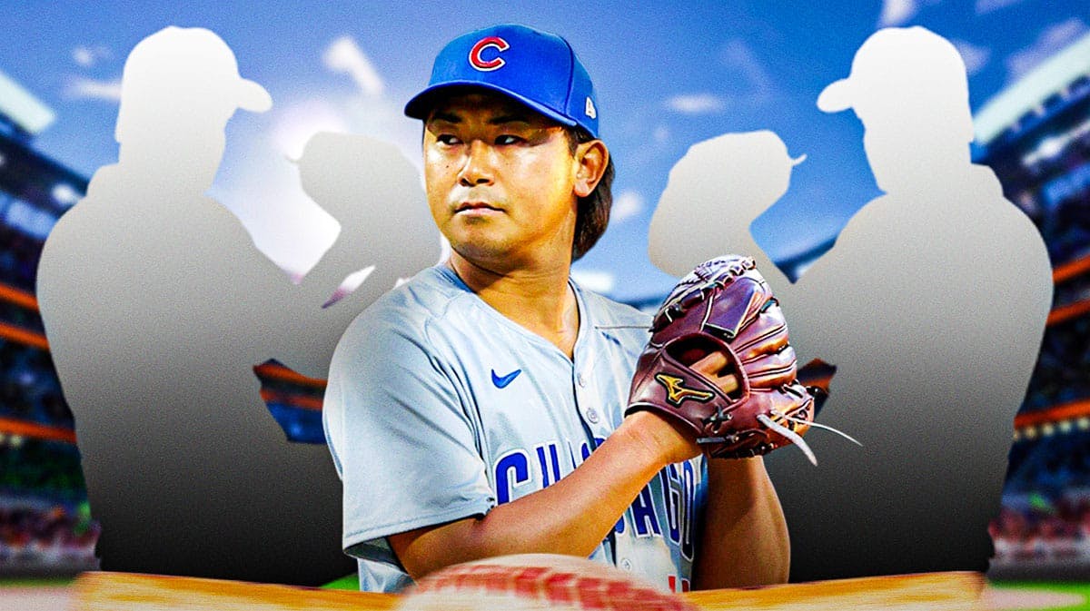 Shota Imanaga in the middle, a silhouette of a baseball pitcher on both sides of him, the shocked emoji spread out in the background. Corbin Burnes, Ranger Suarez