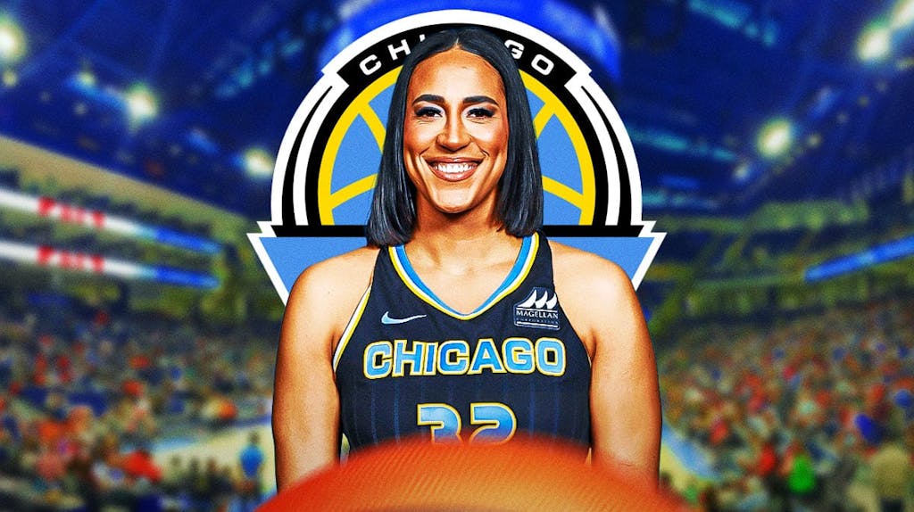 Chicago Sky's Taya Reimer stands in front roster with Angel Reese, Kamilla Cardoso in background, Bryanna Maxwell