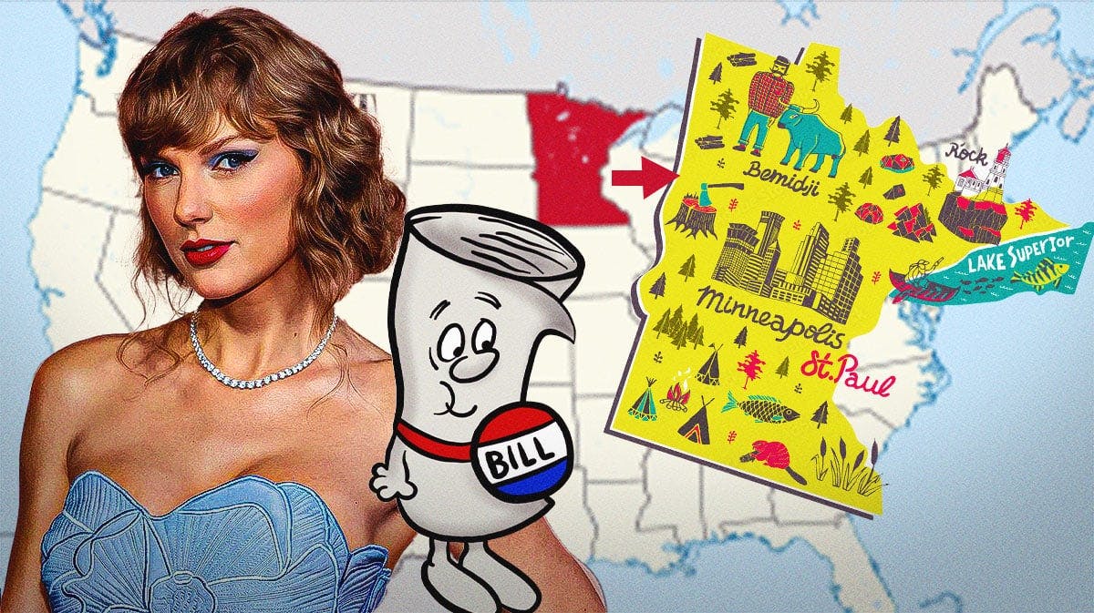 Taylor Swift, a picture of the cartoon bill from Schoolhouse Rock, and a pic of the state of Minnesota on a map