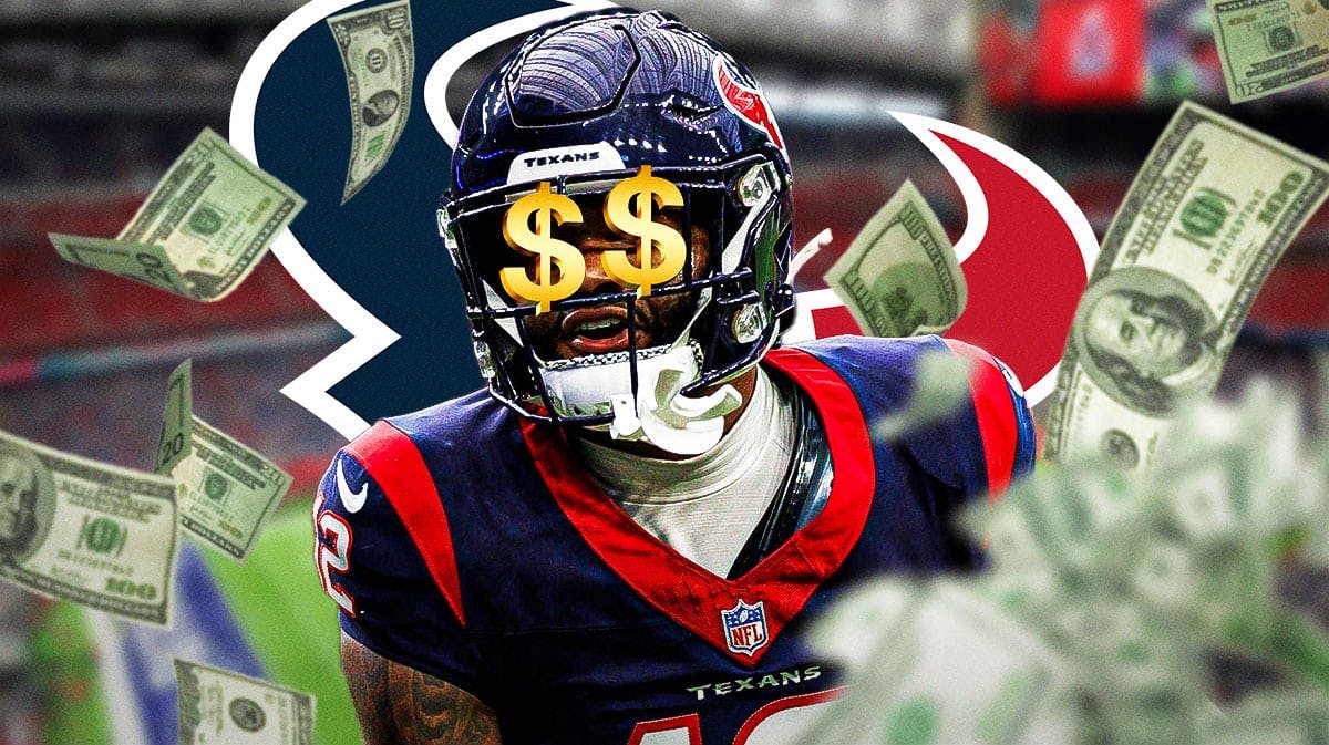 Nico Collins with Texans logo, dollar signs and cash around him