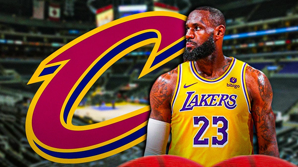 Los Angeles Lakers player LeBron James with Cavaliers logo