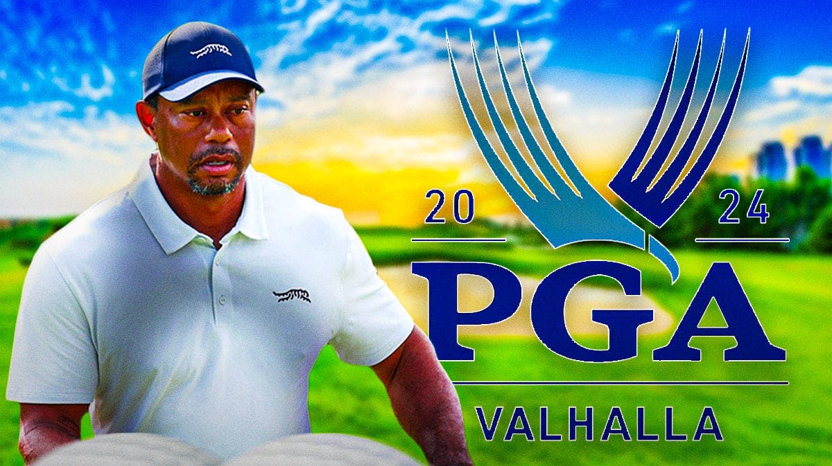 PGA Tour golfer Tiger Woods with PGA Championship at Valhalla logo