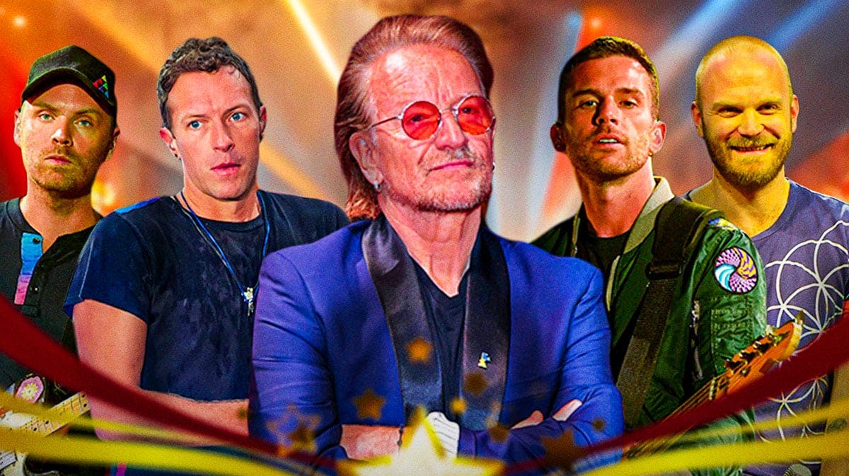 U2 Bono with rock band Coldplay members Chris Martin, Johny Buckland, Guy Berryman, and Will Champion.