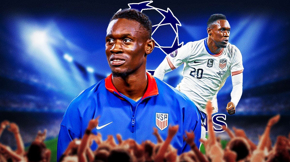 Folarin Balogun celebrating in front of the Champions League logo USMNT