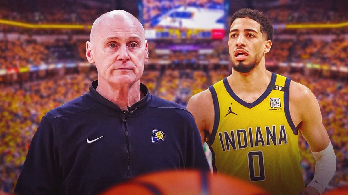 Tyrese Haliburton alongside Rick Carlisle with the Pacers arena in the background, TJ McConnell Knicks