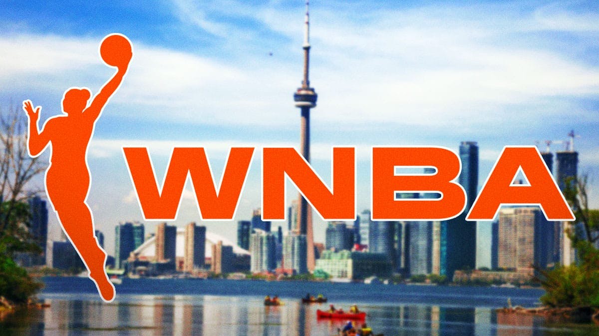WNBA logo with Toronto skyline behind it