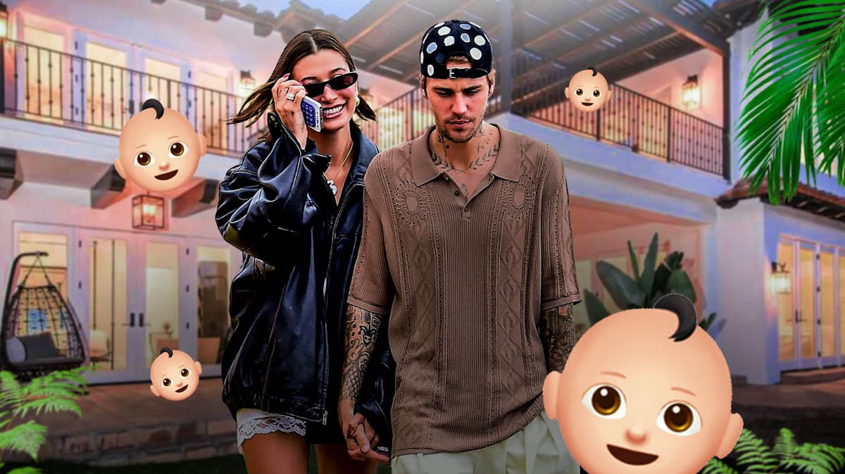 Hailey Bieber and Justin Bieber with baby emojis and a house behind them