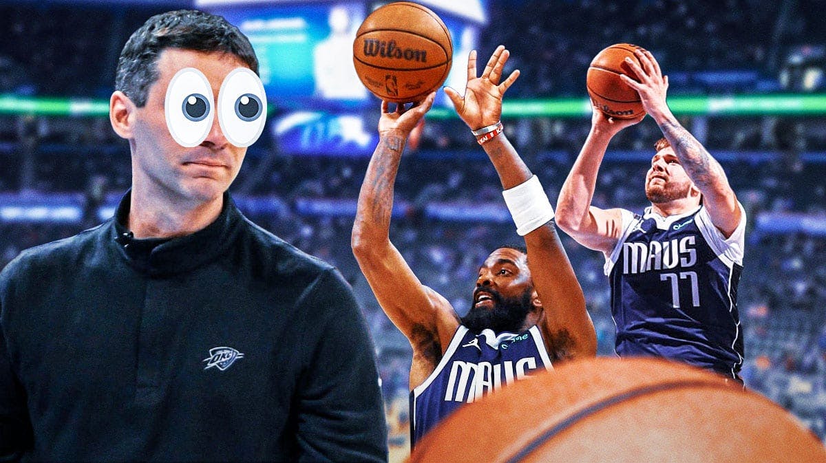 Thunder's Mark Daigneault eyes popping out looking at Mavericks' Kyrie Irving and Mavericks' Luka Doncic both shooting basketballs.