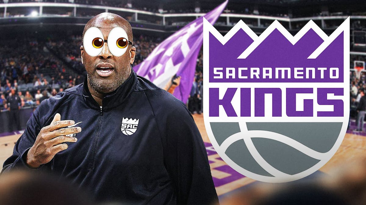 Mike Brown with emoji eyes next to a Kings logo at Golden 1 Center