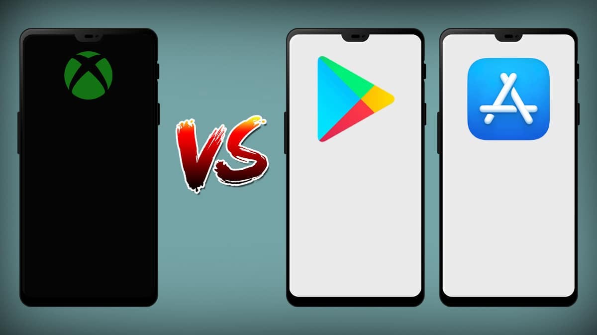 A smartphone with the xbox logo fighting against a smartphone with the google play store logo and a smartphone with the app store logo