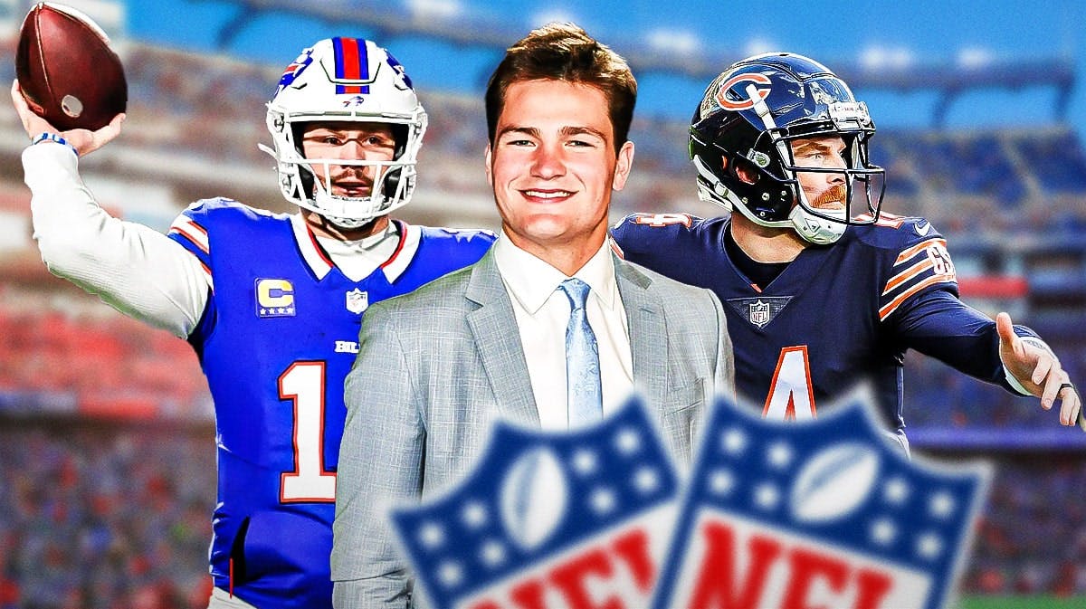 Drake Maye in the middle, Josh Allen, Andy Dalton around him, and New England Patriots wallpaper in the background