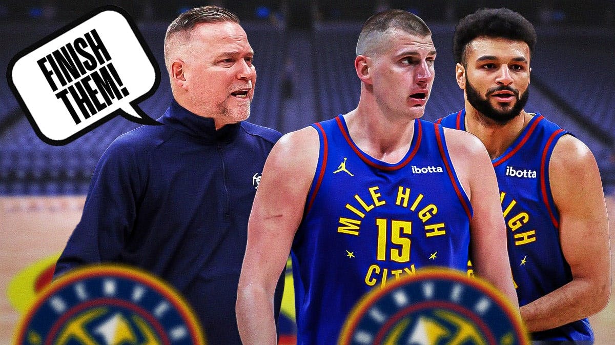 Michael Malone on one side with a speech bubble that says "Finish them!" Nikola Jokic and Jamal Murray on the other side